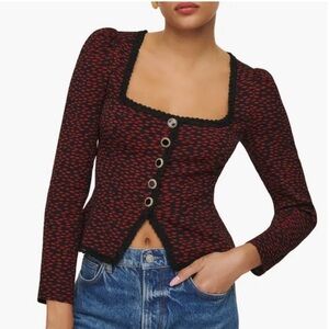 NWT Reformation Nikky Lace Trim Button Long Sleeve Top French Kiss Black Red 2